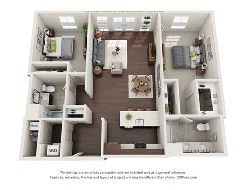 Floor plan for 2 beds, 2 baths, 1332 sqft
